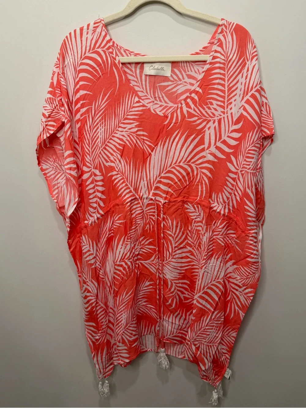 Cleobella Coral White Palm Print Tassel Drawstring Kaftan Cover Up One Size
